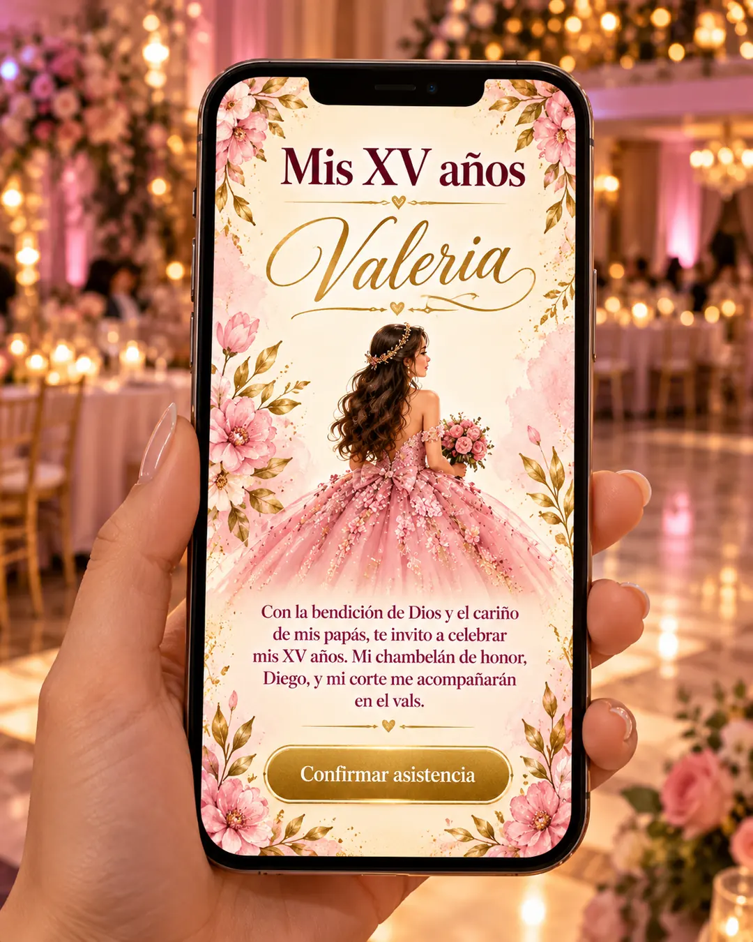 Chambelanes para 15 años en la invitación digital: celular con la frase de bienvenida que nombra al chambelán de honor