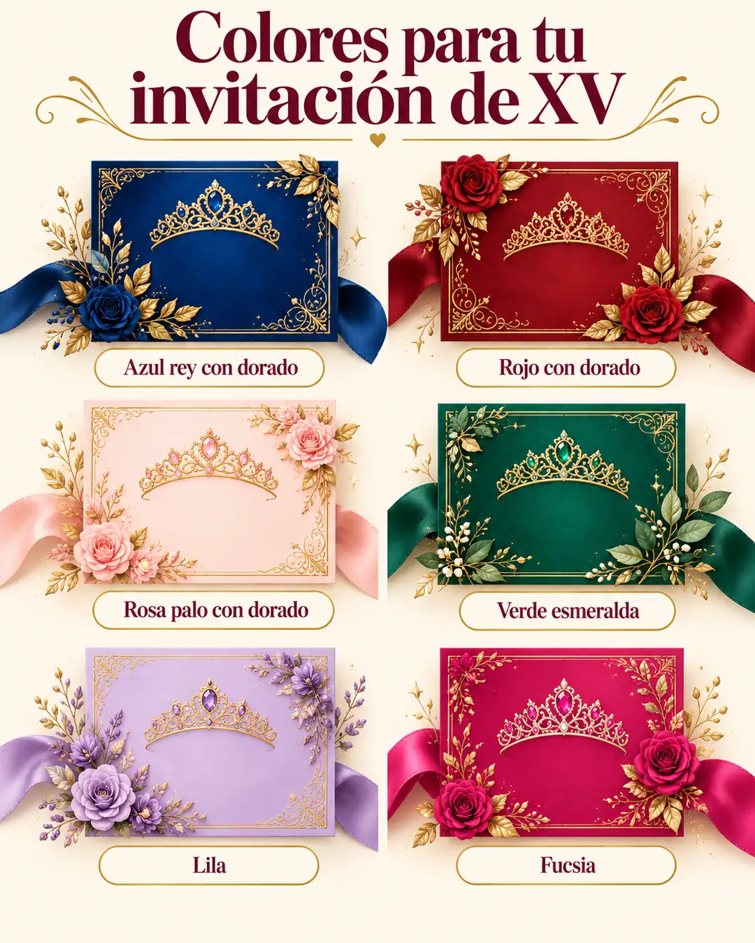 Ideas para invitaciones de XV años: infografía «Colores para tu invitación de XV» con seis combinaciones, azul rey con dorado, rojo con dorado, rosa palo con dorado, verde esmeralda, lila y fucsia