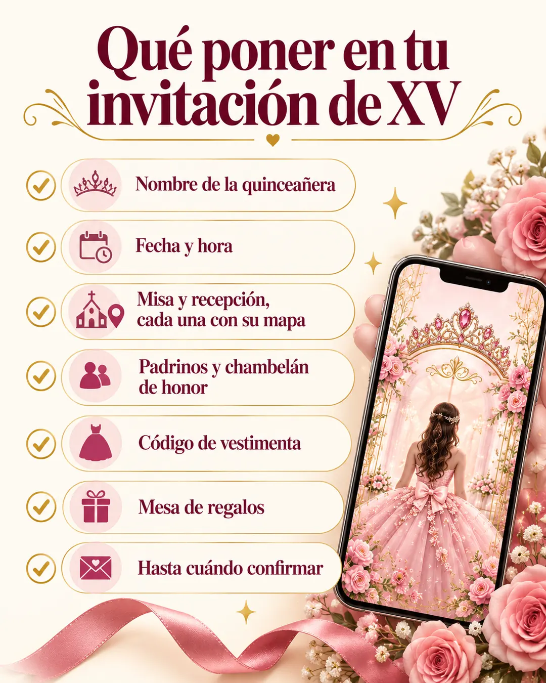 Ideas para invitaciones de XV años: lista «Qué poner en tu invitación de XV» con nombre, fecha y hora, misa y recepción, padrinos, código de vestimenta, mesa de regalos y fecha para confirmar