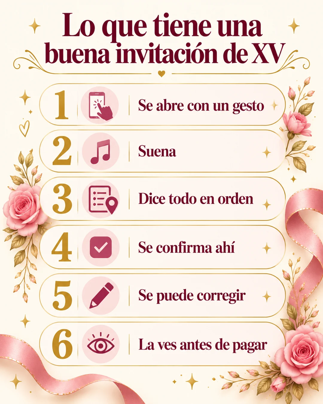 Las mejores invitaciones de XV años: infografía «Lo que tiene una buena invitación de XV» con seis puntos, se abre con un gesto, suena, dice todo en orden, se confirma ahí, se puede corregir y la ves antes de pagar
