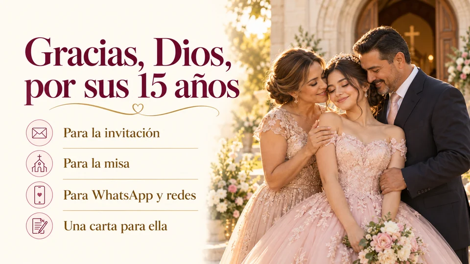 Agradecimiento a Dios por los 15 años de mi hija: portada «Gracias, Dios, por sus 15 años» con una quinceañera de vestido rosa abrazada por su mamá y su papá frente a una capilla