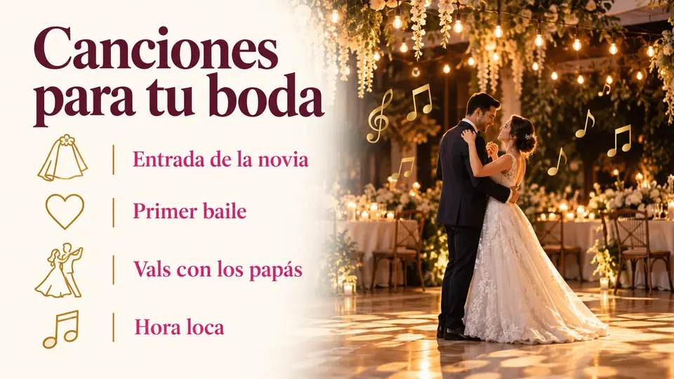Infografía «Canciones para tu boda» con una pareja bailando y notas musicales: entrada de la novia, primer baile, vals con los papás y hora loca