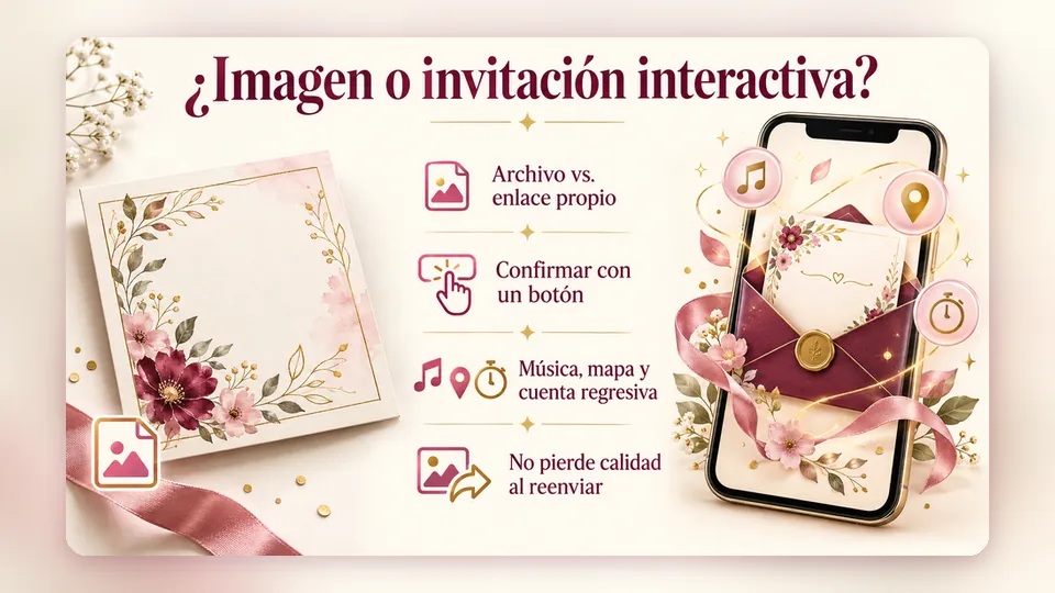 Infografía «¿Imagen o invitación interactiva?»: archivo frente a enlace propio, confirmar con un botón, música, mapa y cuenta regresiva, y sin perder calidad al reenviar