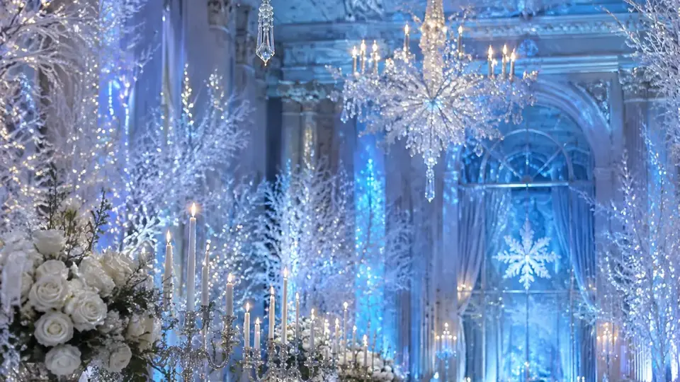 Mesa de evento decorada en tonos azules