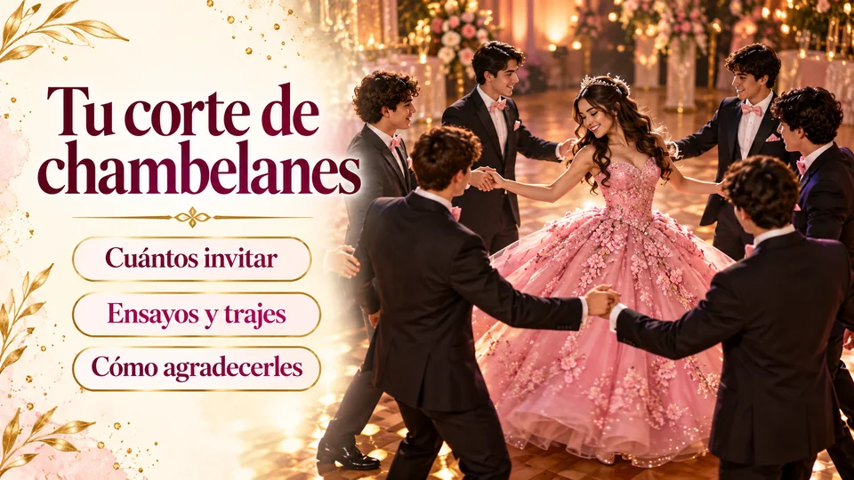 Chambelanes para 15 años: portada «Tu corte de chambelanes» con una quinceañera de vestido rosa en el vals, rodeada de sus chambelanes de traje oscuro