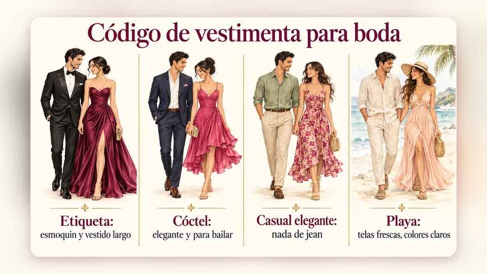 Infografía «Código de vestimenta para boda» con cuatro parejas ilustradas: etiqueta con esmoquin y vestido largo, cóctel elegante y para bailar, casual elegante sin jean y playa con telas frescas y colores claros