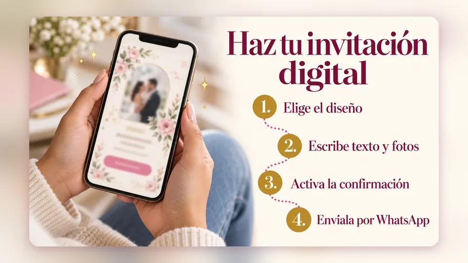 Infografía «Haz tu invitación digital» con un celular en las manos: elige el diseño, escribe texto y fotos, activa la confirmación y envíala por WhatsApp