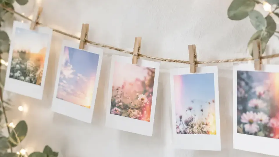 Fotos colgadas con luces, detalles para una invitación digital