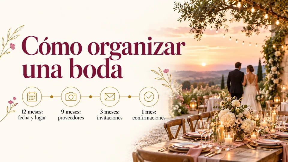 Infografía «Cómo organizar una boda» con una línea de tiempo: 12 meses fecha y lugar, 9 meses proveedores, 3 meses invitaciones y 1 mes confirmaciones, junto a una mesa de boda en un jardín al atardecer