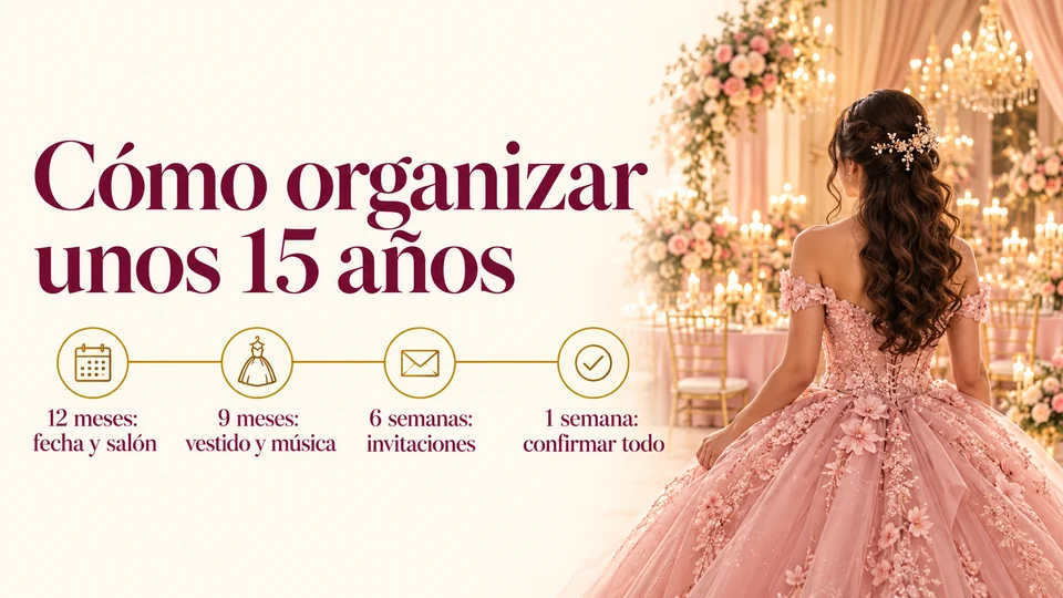 Infografía «Cómo organizar unos 15 años» con una línea de tiempo: 12 meses fecha y salón, 9 meses vestido y música, 6 semanas invitaciones y 1 semana confirmar todo, junto a una quinceañera de espaldas con vestido rosa