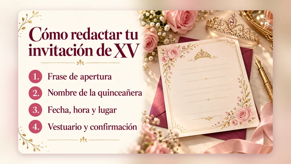 Infografía «Cómo redactar tu invitación de XV»: frase de apertura, nombre de la quinceañera, fecha, hora y lugar, vestuario y confirmación