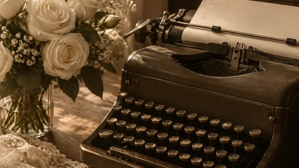 Máquina de escribir y rosas para redactar una invitación de 15 años