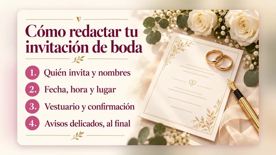 Infografía «Cómo redactar tu invitación de boda»: quién invita y nombres, fecha, hora y lugar, vestuario y confirmación, avisos delicados al final