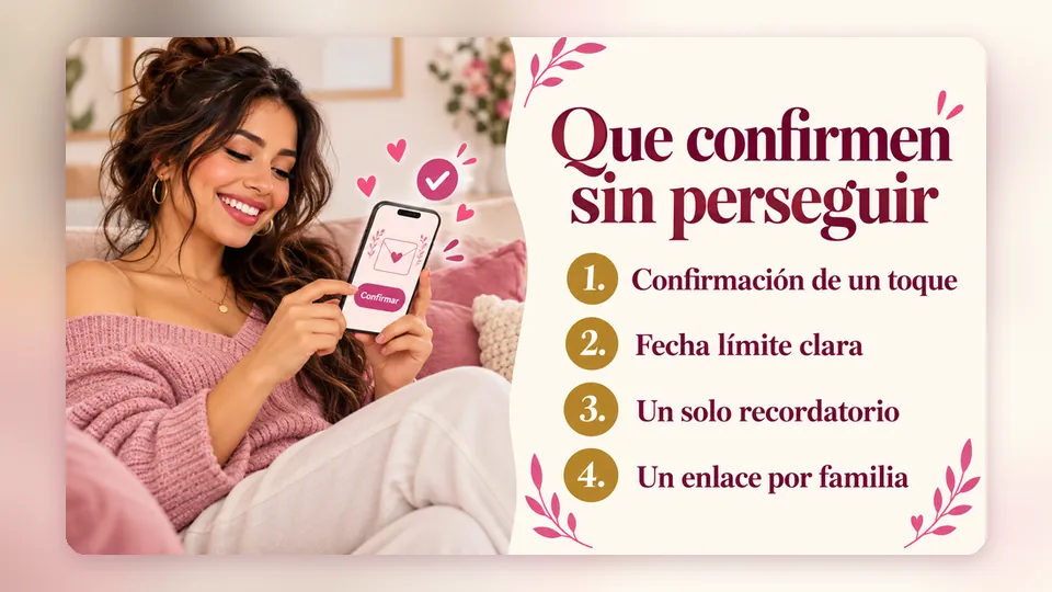 Mujer tocando el botón Confirmar en su celular junto al titular «Que confirmen sin perseguir»: confirmación de un toque, fecha límite clara, un solo recordatorio y un enlace por familia