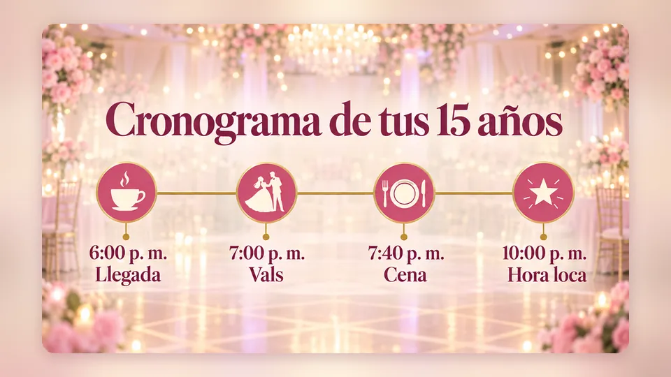 Línea de tiempo «Cronograma de tus 15 años»: 6:00 p. m. llegada, 7:00 p. m. vals, 7:40 p. m. cena y 10:00 p. m. hora loca