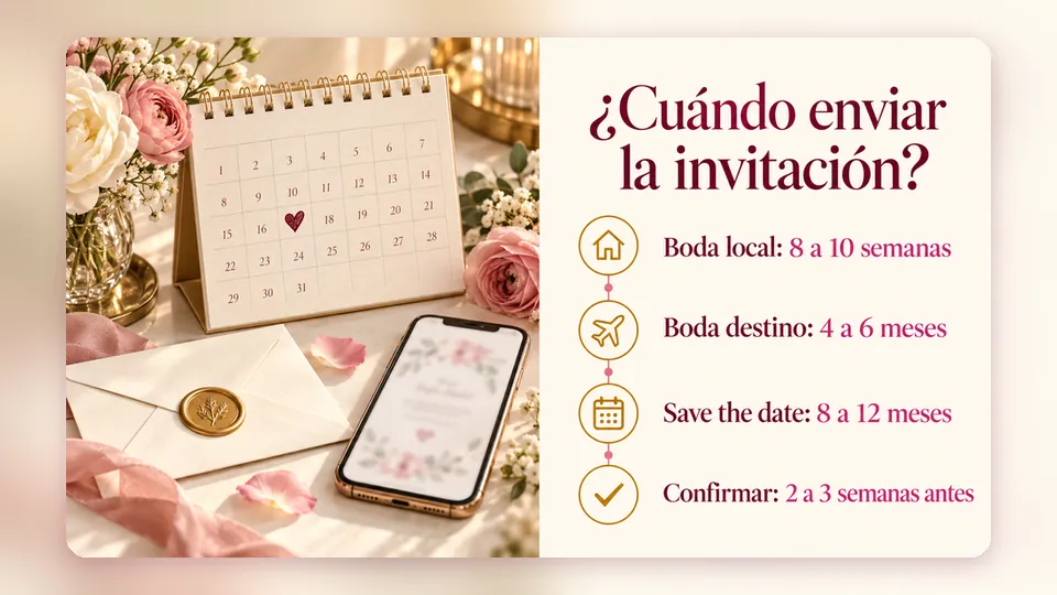 Infografía «¿Cuándo enviar la invitación?»: boda local de 8 a 10 semanas antes, boda destino de 4 a 6 meses, save the date de 8 a 12 meses y confirmación de 2 a 3 semanas antes de la boda