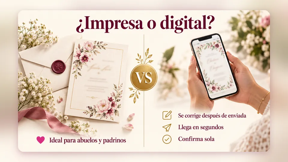 Comparación entre una invitación de boda impresa y una digital en el celular con el titular «¿Impresa o digital?»: se corrige después de enviada, llega en segundos, confirma sola; el papel, ideal para abuelos y padrinos