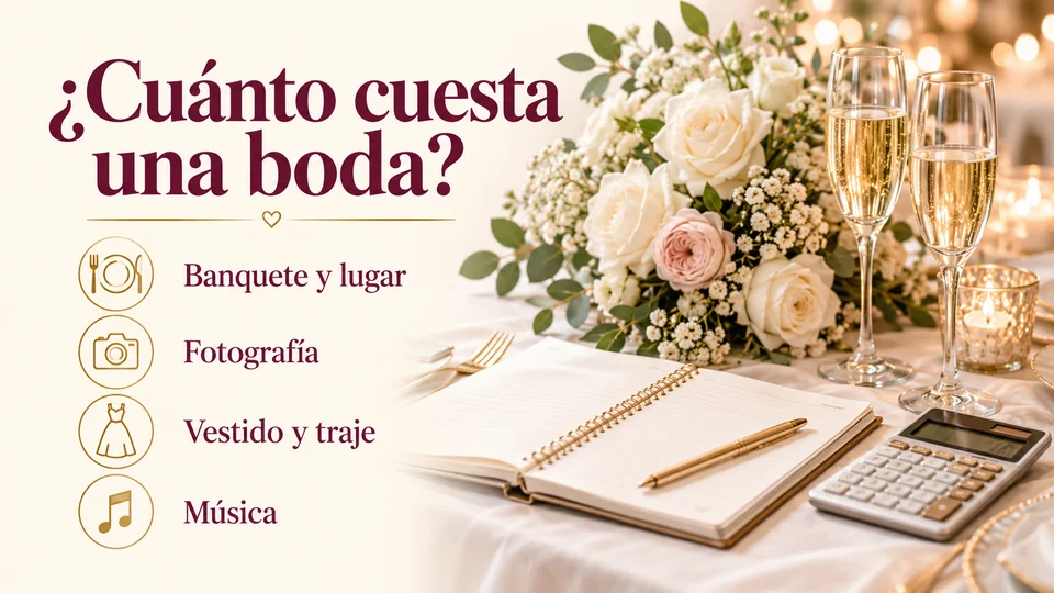 Infografía «¿Cuánto cuesta una boda?» con los rubros banquete y lugar, fotografía, vestido y traje y música, junto a un ramo de novia y una calculadora