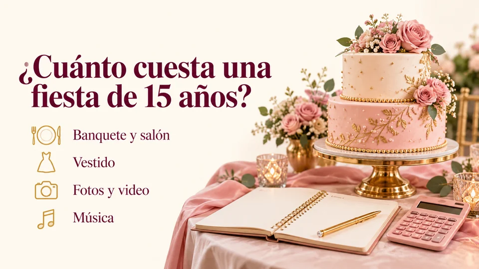 Infografía «¿Cuánto cuesta una fiesta de 15 años?» con los rubros banquete y salón, vestido, fotos y video y música, junto a un pastel rosa y una calculadora