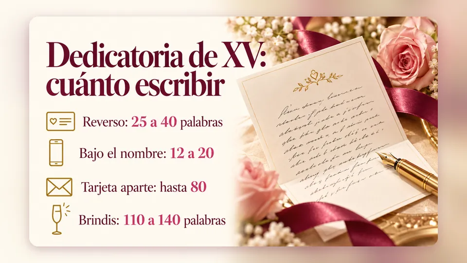 Infografía «Dedicatoria de XV: cuánto escribir»: reverso 25 a 40 palabras, bajo el nombre 12 a 20, tarjeta aparte hasta 80 y brindis 110 a 140