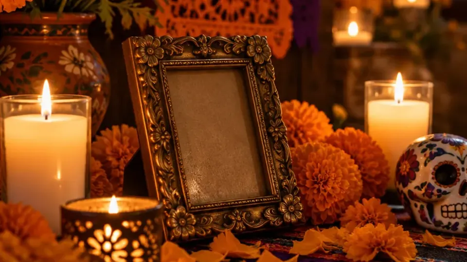 Altar de Día de Muertos con velas encendidas, flores de cempasúchil, un portarretratos vacío y una calavera de azúcar