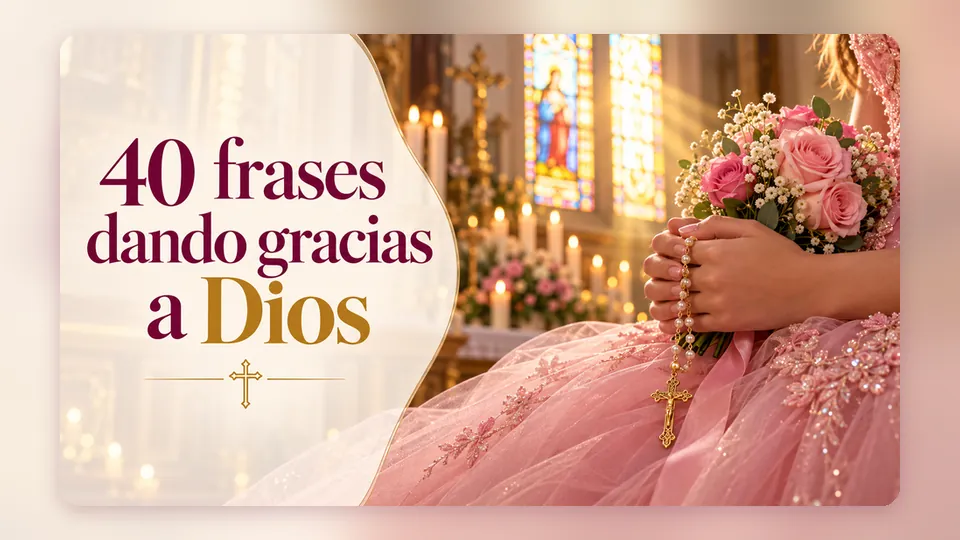 Portada «40 frases dando gracias a Dios» con las manos de una quinceañera sosteniendo un rosario y rosas en una capilla