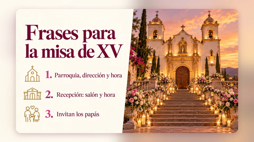 Infografía «Frases para la misa de XV» con una parroquia decorada con rosas: parroquia, dirección y hora; recepción: salón y hora; invitan los papás