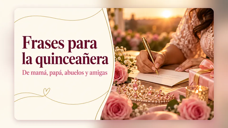Portada «Frases para la quinceañera: de mamá, papá, abuelos y amigas», con manos escribiendo una tarjeta junto a una tiara y rosas