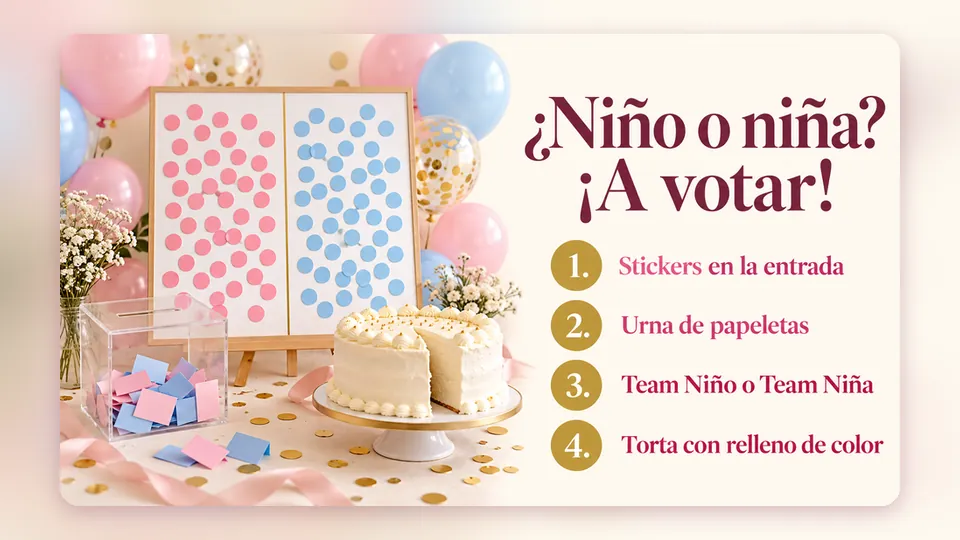 Infografía «¿Niño o niña? ¡A votar!» con globos rosa y azul y un tablero de stickers, y cuatro dinámicas: stickers en la entrada, urna de papeletas, Team Niño o Team Niña, torta con relleno de color