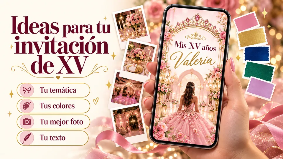 Ideas para invitaciones de XV años: portada «Ideas para tu invitación de XV» con un celular que muestra una invitación rosa con dorado y las etiquetas tu temática, tus colores, tu mejor foto y tu texto