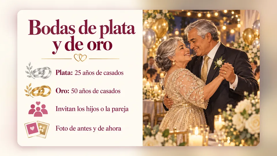 Infografía «Bodas de plata y de oro»: plata son 25 años de casados, oro 50 años, invitan los hijos o la pareja y una foto de antes y de ahora, con una pareja mayor bailando