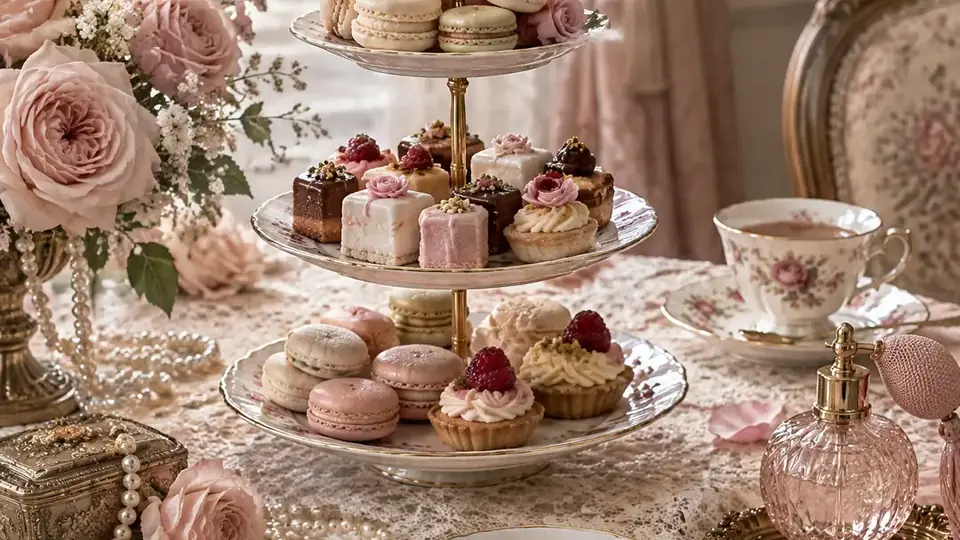 Mesa vintage con tazas y flores para un aniversario de bodas