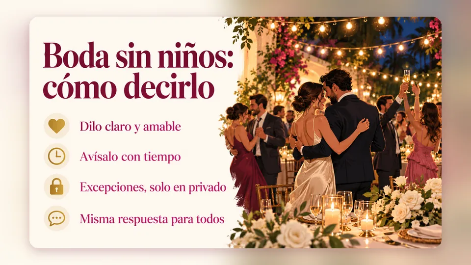 Infografía «Boda sin niños: cómo decirlo» con cuatro consejos: dilo claro y amable, avísalo con tiempo, excepciones solo en privado y la misma respuesta para todos, junto a una fiesta de boda de adultos
