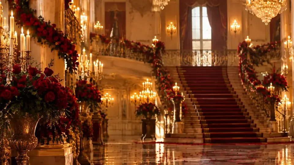 Salón de fiesta dorado con candelabros