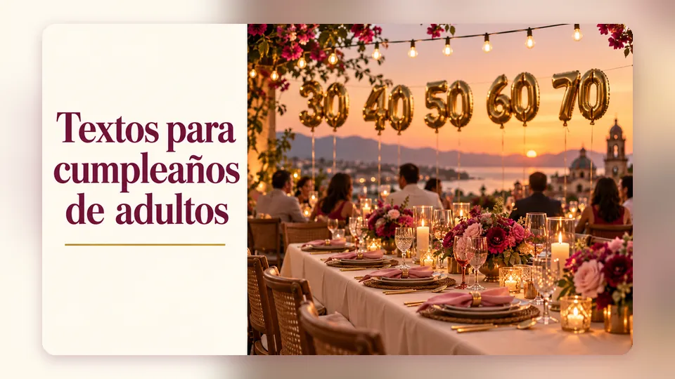 Mesa de celebración elegante con globos dorados 30, 40, 50, 60 y 70 y el titular «Textos para cumpleaños de adultos»