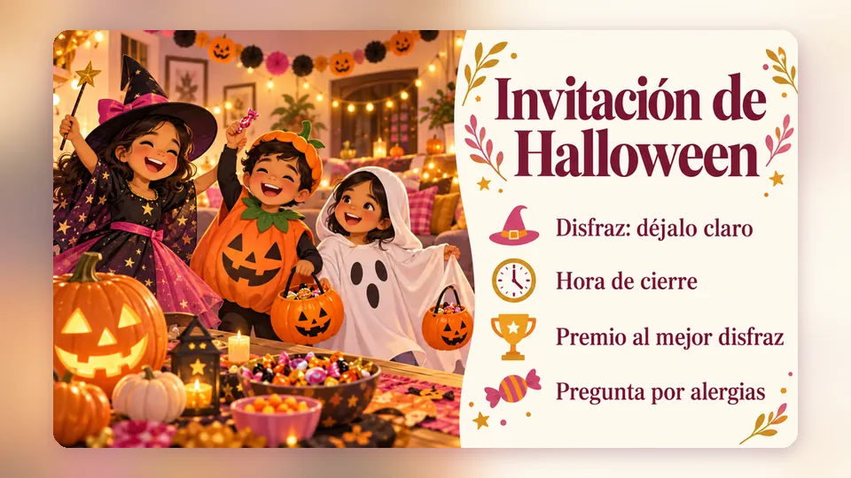 Infografía «Invitación de Halloween» con niños disfrazados: disfraz claro, hora de cierre, premio al mejor disfraz y preguntar por alergias