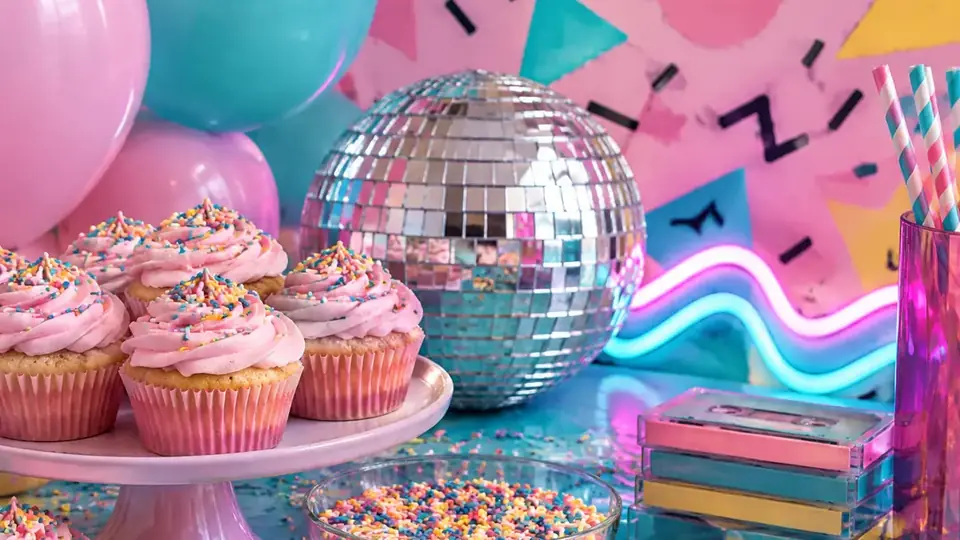 Mesa de fiesta con cupcakes y globos para un cumpleaños sorpresa