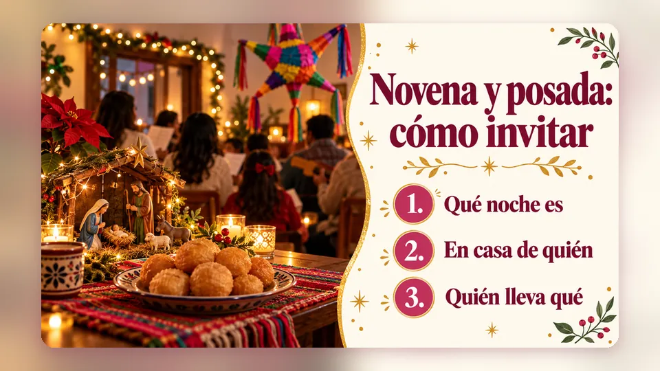 Infografía «Novena y posada: cómo invitar» junto a un pesebre con velitas y buñuelos: qué noche es, en casa de quién y quién lleva qué