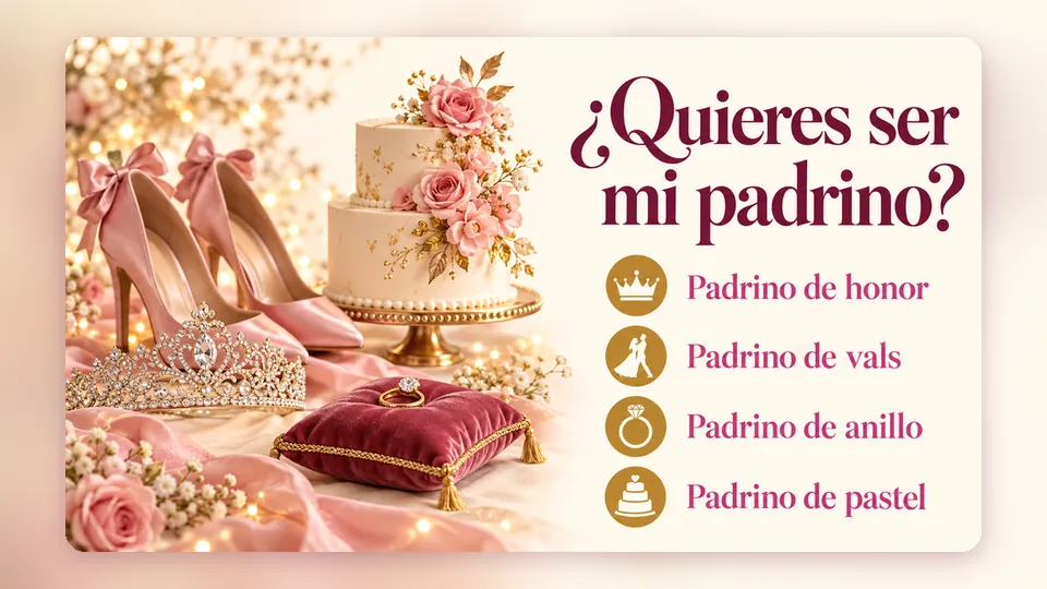 Infografía «¿Quieres ser mi padrino?» con tiara, zapatillas, pastel y anillo de XV años, y los tipos de padrino: de honor, de vals, de anillo y de pastel