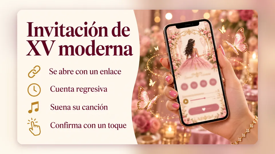 Infografía «Invitación de XV moderna»: se abre con un enlace, cuenta regresiva, suena su canción y confirma con un toque