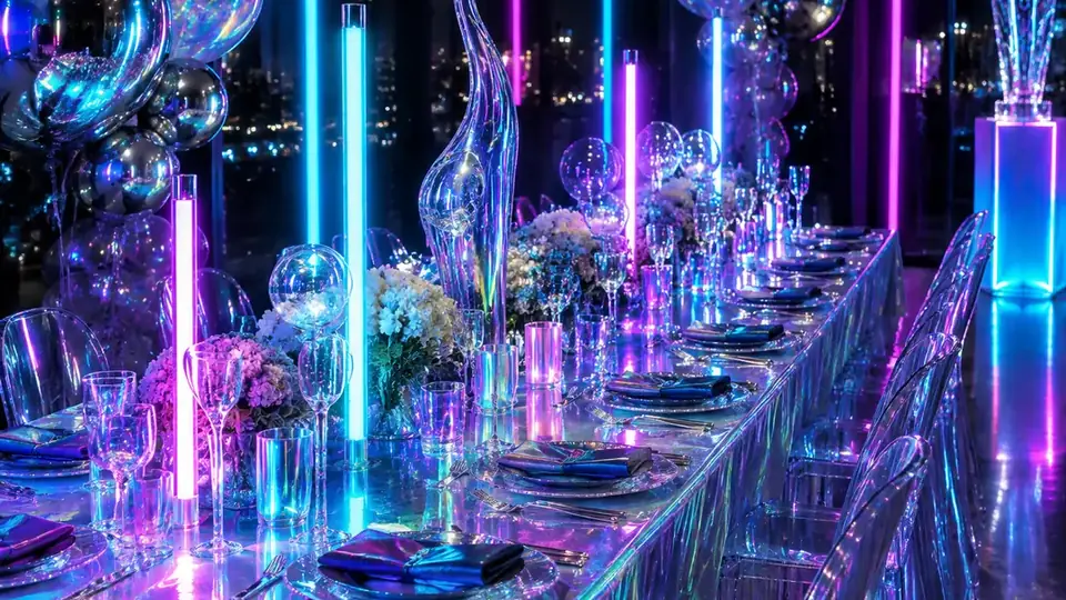 Mesa de fiesta con luces neón para unos 15 años modernos