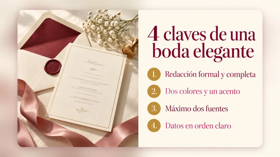Infografía «4 claves de una boda elegante» con una tarjeta crema, sobre con lacre y flores blancas: redacción formal y completa, dos colores y un acento, máximo dos fuentes, datos en orden claro