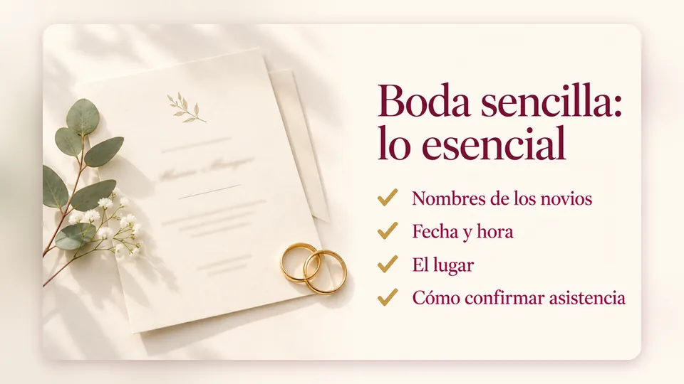 Infografía «Boda sencilla: lo esencial» con una tarjeta crema, una ramita y argollas doradas: nombres de los novios, fecha y hora, el lugar y cómo confirmar asistencia
