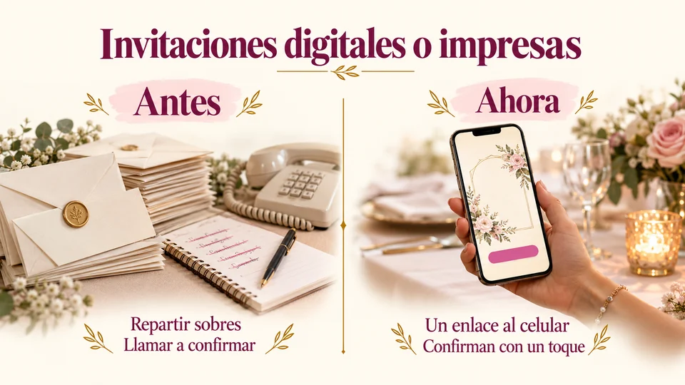 Infografía «Invitaciones digitales o impresas»: antes, repartir sobres y llamar a confirmar; ahora, un enlace al celular y confirman con un toque