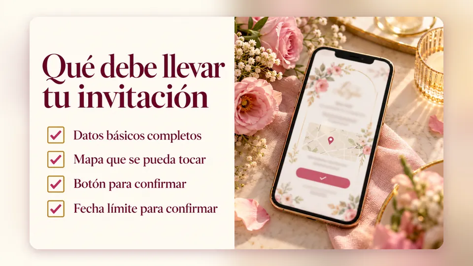 Checklist «Qué debe llevar tu invitación»: datos básicos completos, mapa que se pueda tocar, botón para confirmar y fecha límite para confirmar