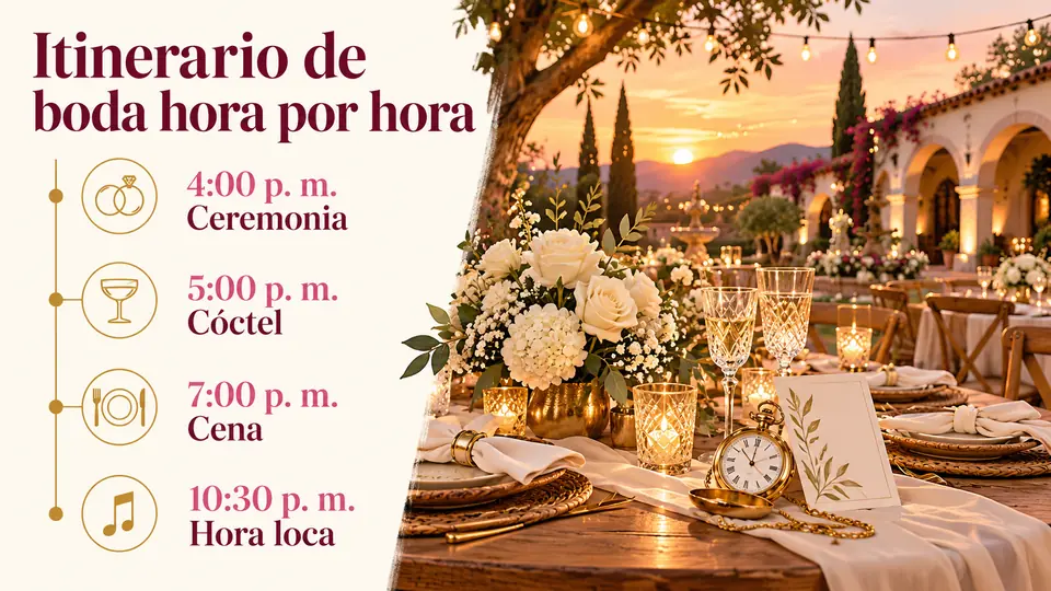 Infografía «Itinerario de boda hora por hora» con una línea de tiempo: 4:00 p. m. ceremonia, 5:00 p. m. cóctel, 7:00 p. m. cena y 10:30 p. m. hora loca