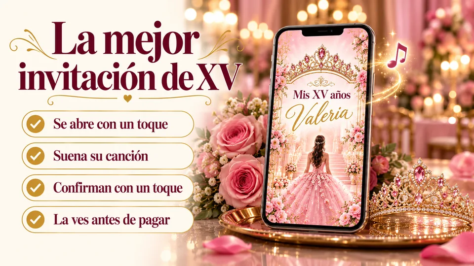 Las mejores invitaciones de XV años: portada «La mejor invitación de XV» con una mano que sostiene un celular con una invitación de XV y cuatro palomitas: se abre con un toque, suena su canción, confirman con un toque y la ves antes de pagar