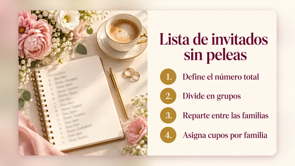 Infografía «Lista de invitados sin peleas» en cuatro pasos: define el número total, divide en grupos, reparte entre las familias y asigna cupos por familia, junto a una libreta con anillos de boda