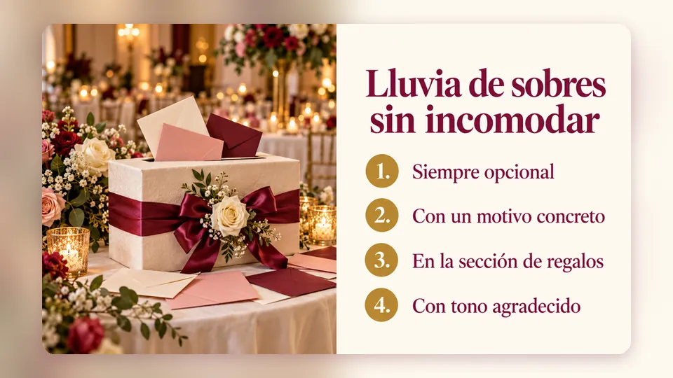 Infografía «Lluvia de sobres sin incomodar»: siempre opcional, con un motivo concreto, en la sección de regalos y con tono agradecido, junto a una caja decorada para recibir sobres en una boda