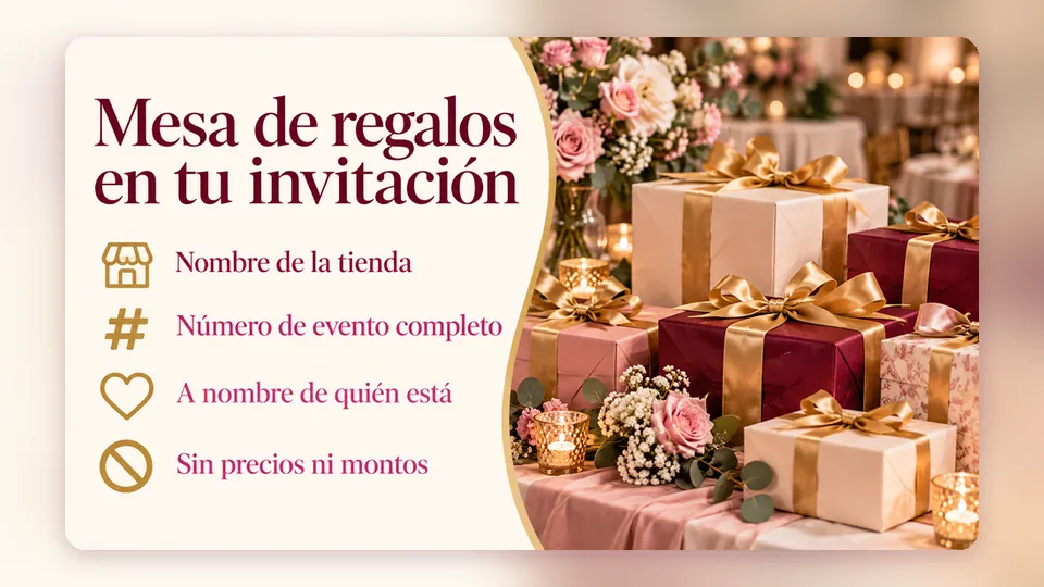 Infografía «Mesa de regalos en tu invitación»: nombre de la tienda, número de evento completo, a nombre de quién está y sin precios ni montos, junto a cajas de regalo envueltas en tonos vino, rosa y crema